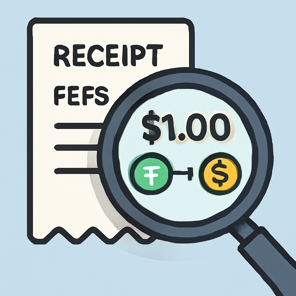 A magnifying glass over a receipt showing fees and a $1.00 exchange rate, with USDT and dollar icons.