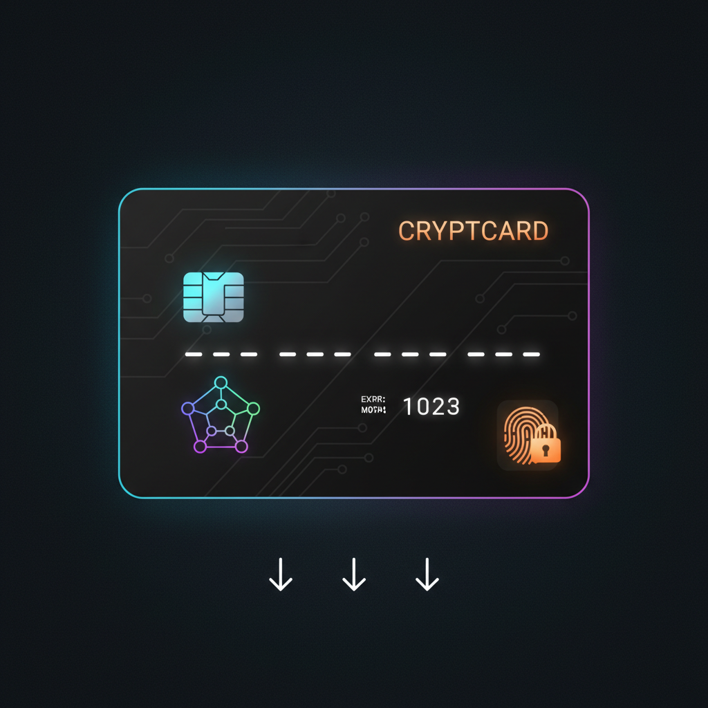 sleek anonymous black crypto debit card on dark background, futuristic glow, high detail