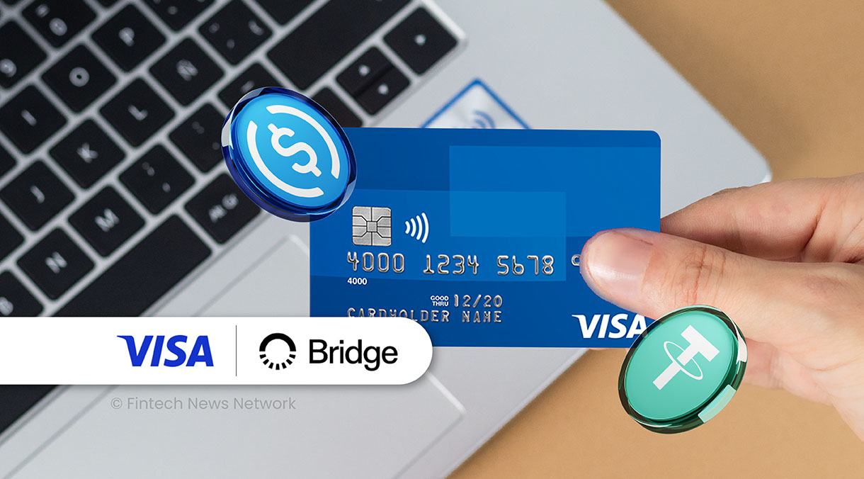 Global world map highlighting Visa and Stripe's Bridge stablecoin-linked card expansion to over 100 countries in Europe, Asia Pacific, Africa, and Middle East by 2026