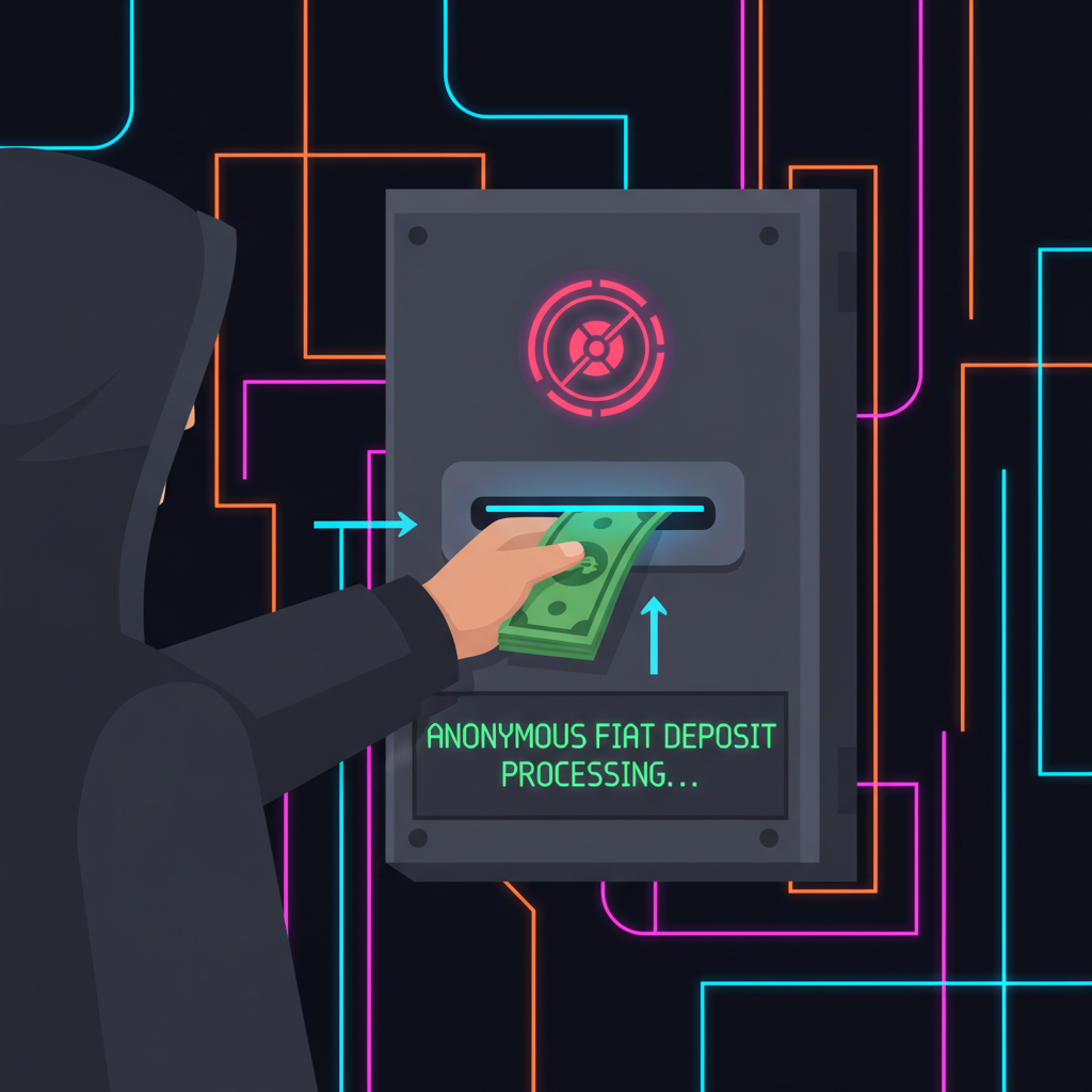person depositing cash into secure anonymous fiat slot, cyberpunk style, neon lights