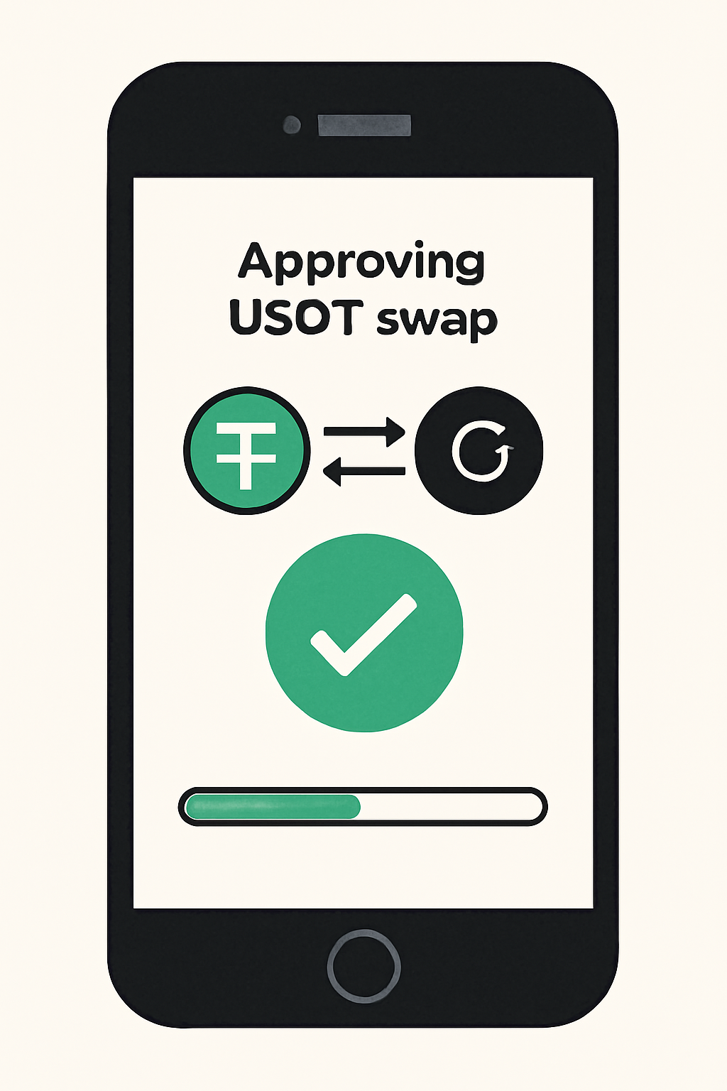 approving USDT swap on mobile screen, green checkmark, loading progress bar