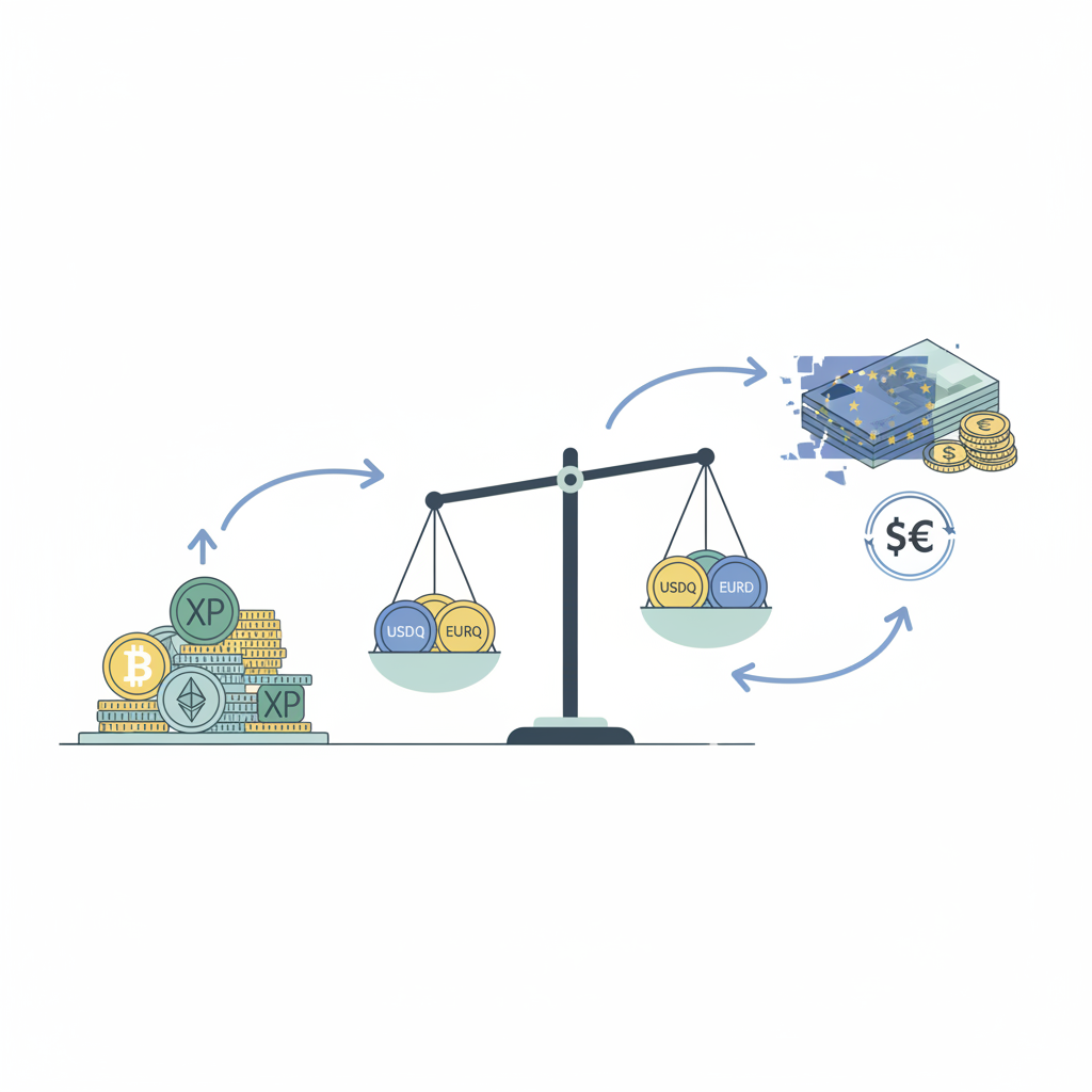 crypto converting to stablecoins USDQ EURQ EURD, exchange arrows, balanced scales, european flag subtle