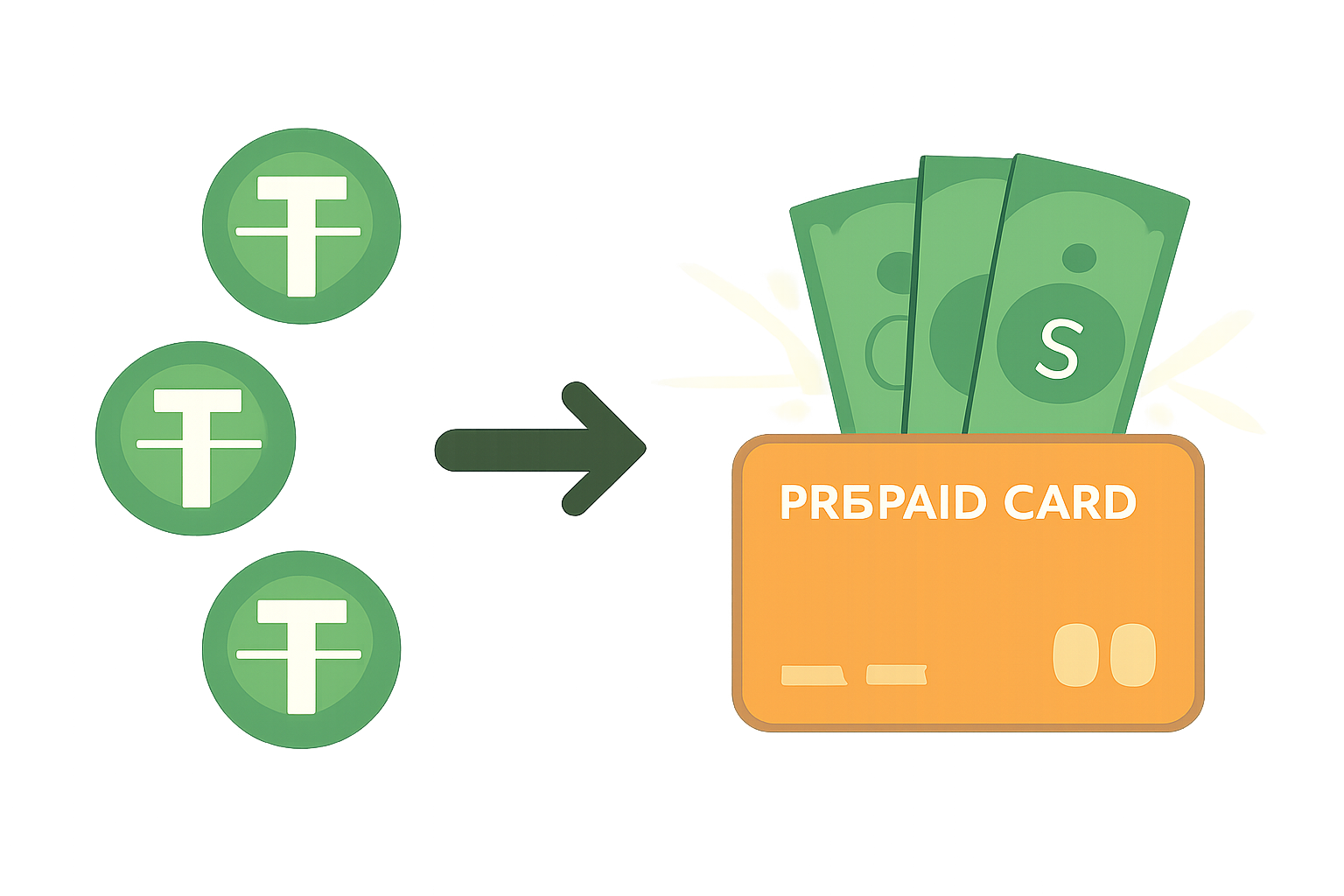 USDT icons transforming into fiat dollars on prepaid card, instant glow effect