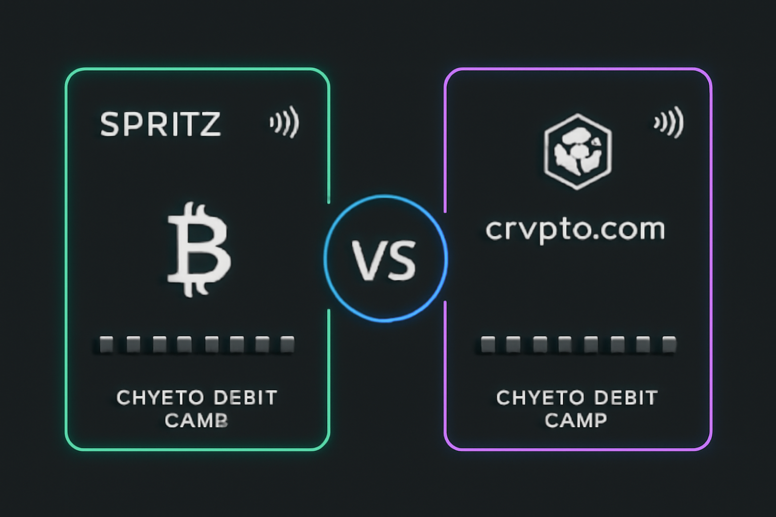 sleek comparison of Spritz and Crypto.com crypto debit cards on dark background, neon accents, minimalist