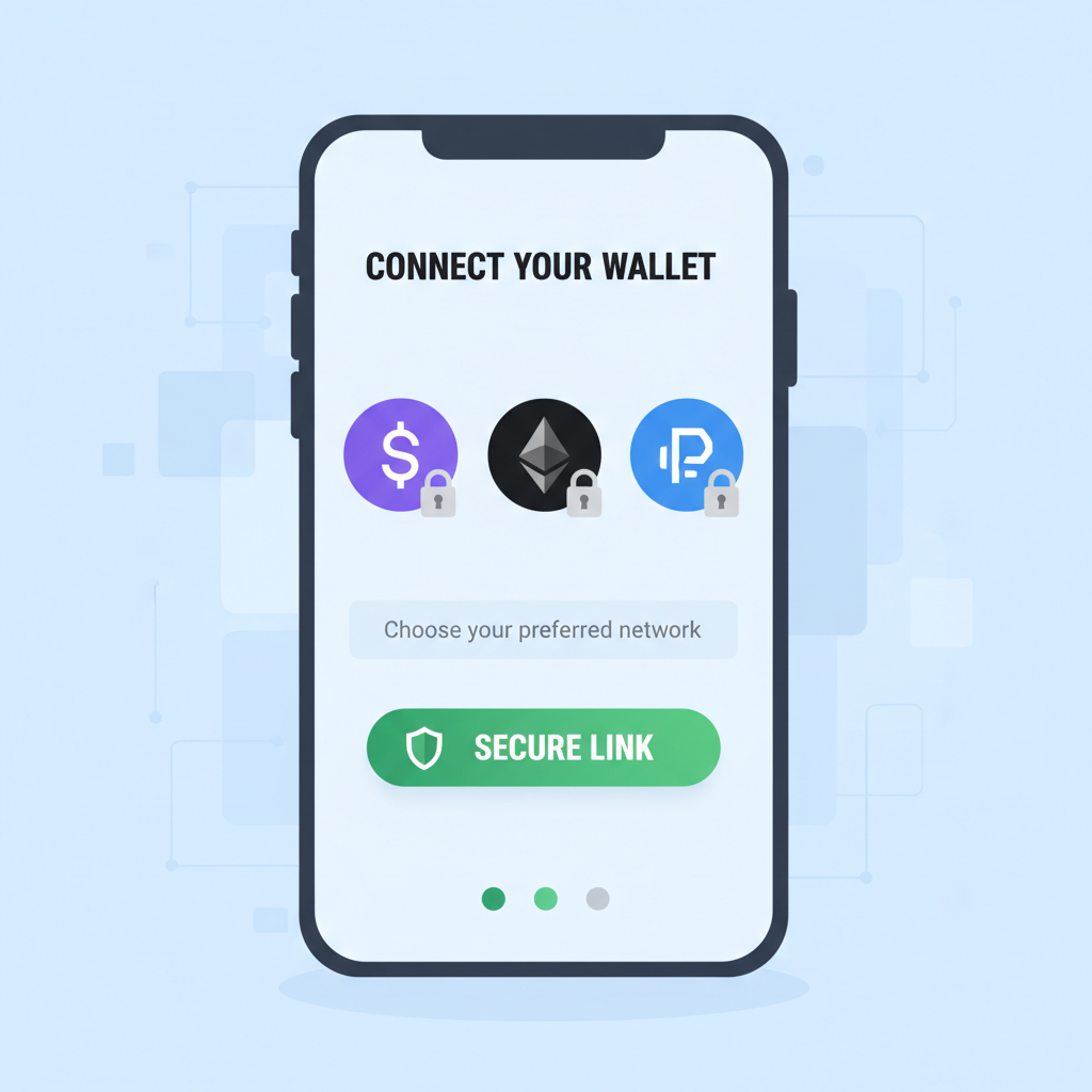 crypto wallet connection interface on mobile, multi-chain icons like Solana Ethereum, secure link button
