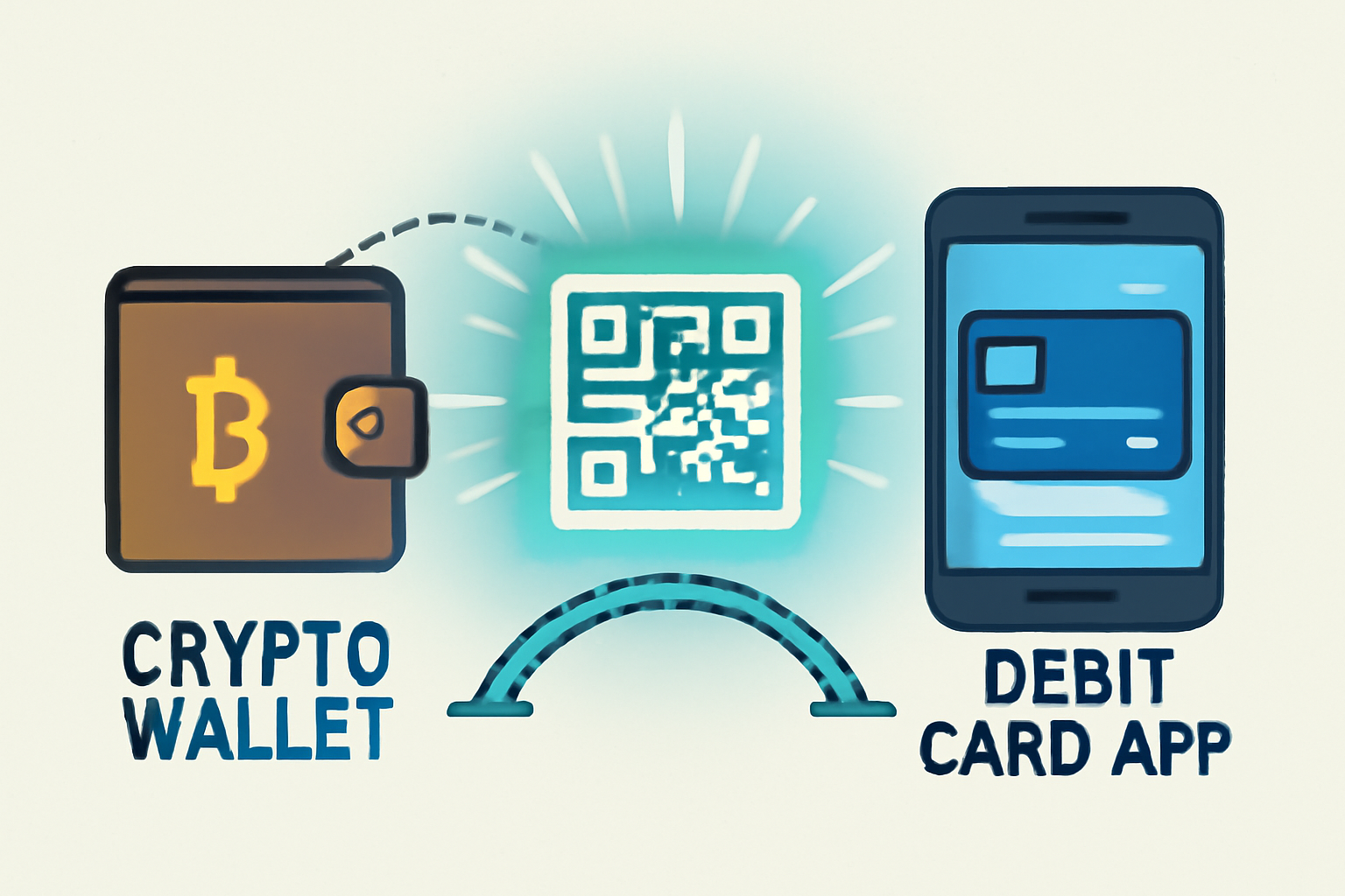 crypto wallet connecting to debit card app, glowing QR code scan, digital bridge