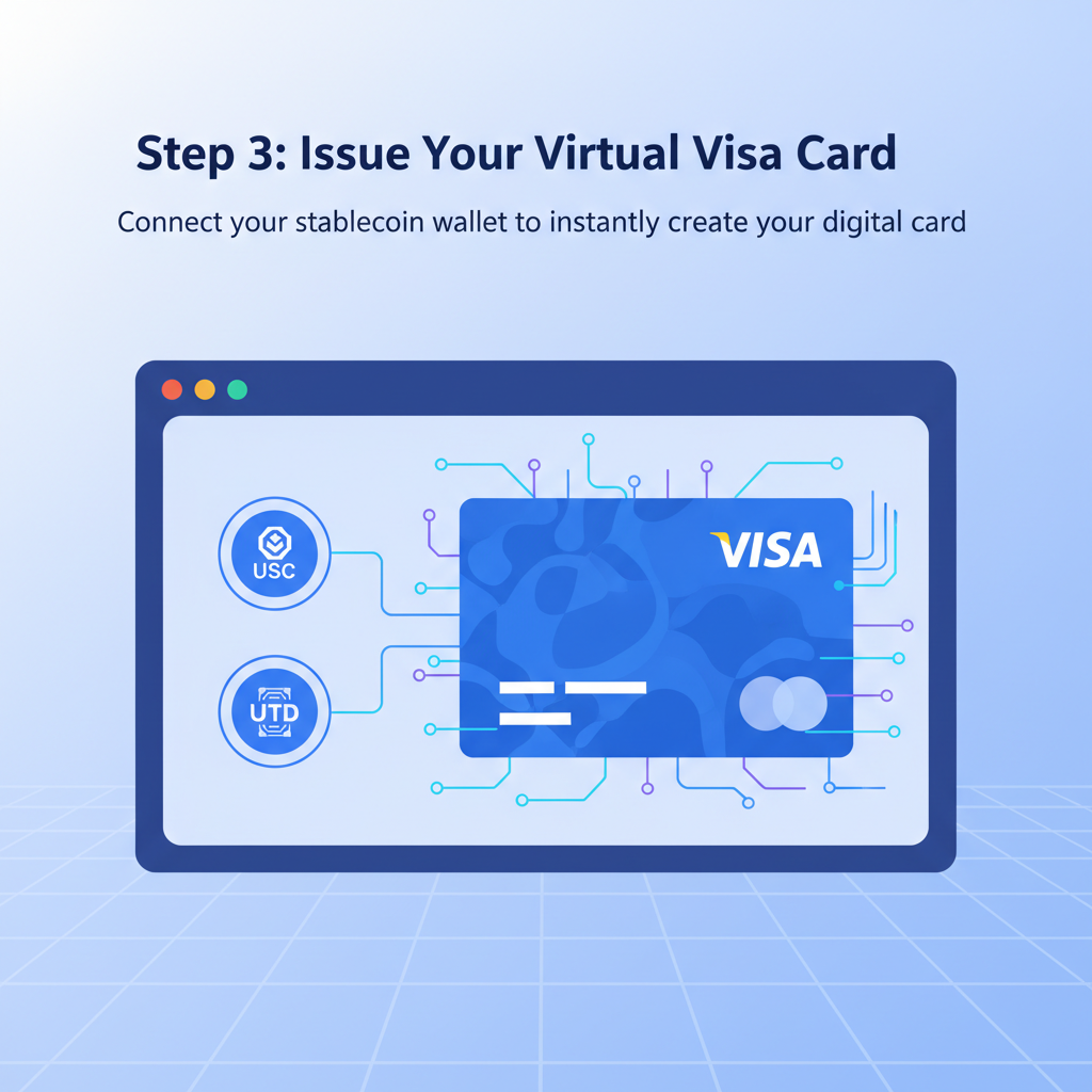issuing virtual Visa debit card, digital card materializing on screen, Visa logo, stablecoin icons