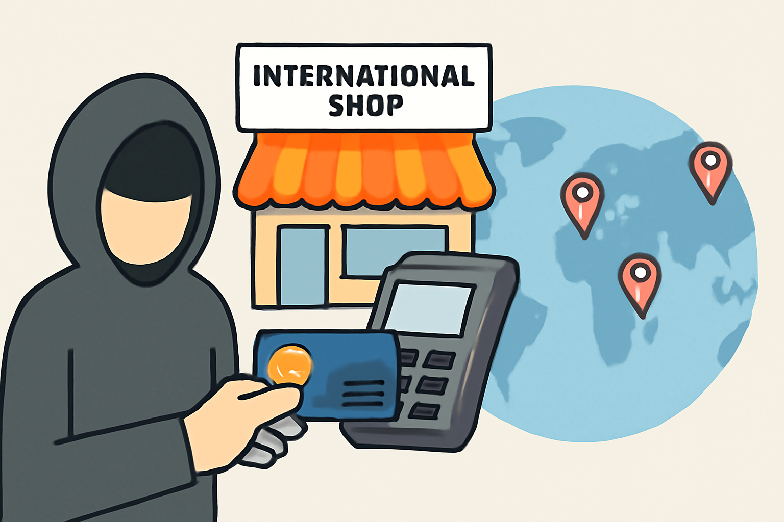crypto card swiped at international shop, world map with transaction pins, anonymous user