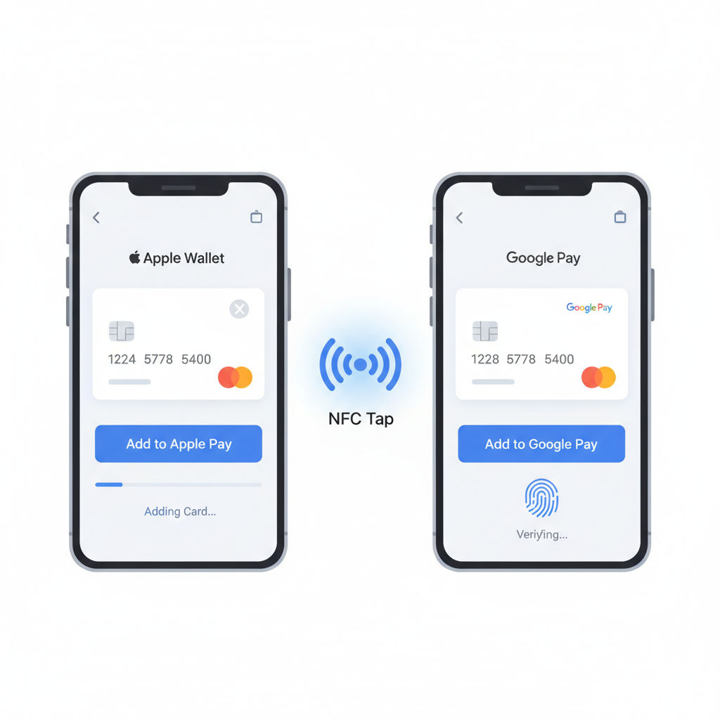 adding virtual card to Apple Pay Google Pay on smartphone, NFC tap, clean mobile interface