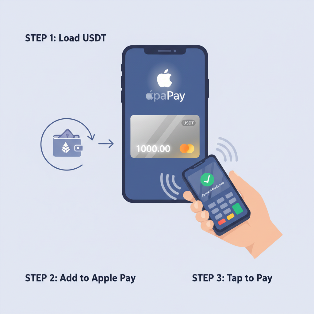 virtual debit card loading with USDT, Apple Pay integration, contactless payment scene, metallic card design