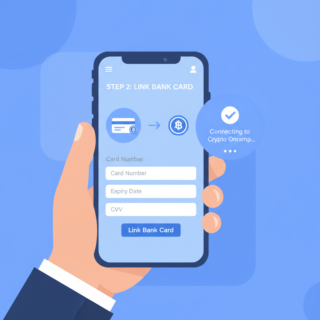 simple illustration of person signing up on mobile app linking bank card to crypto onramp, clean modern UI, blue tones