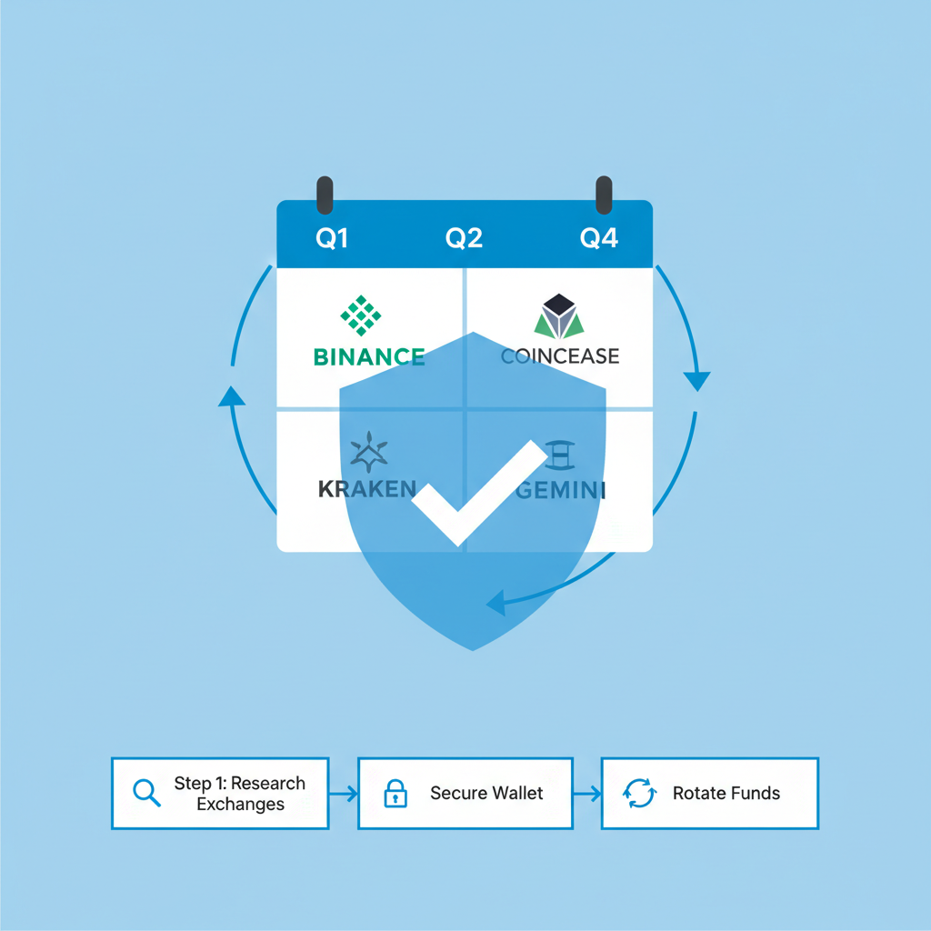 calendar with quarterly rotation arrows between crypto exchange logos, privacy shield overlay, professional flowchart