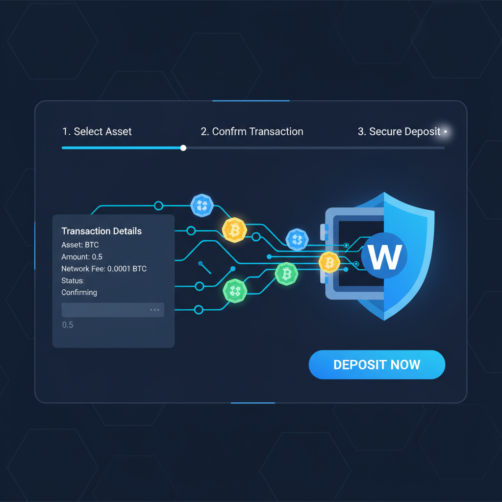 secure crypto deposit to digital wallet interface, blockchain network, glowing coins entering vault, modern UI