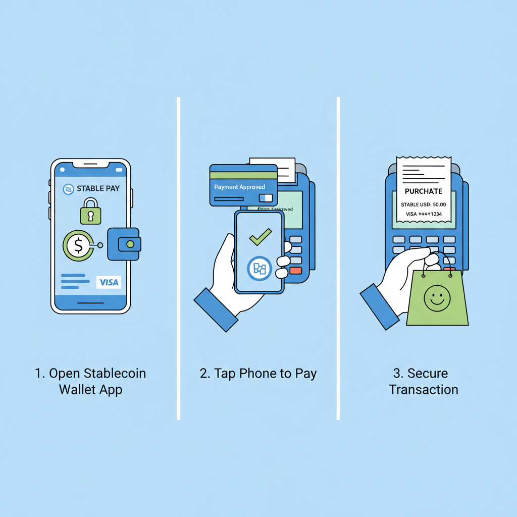 secure mobile payment with stablecoin Visa card at store terminal